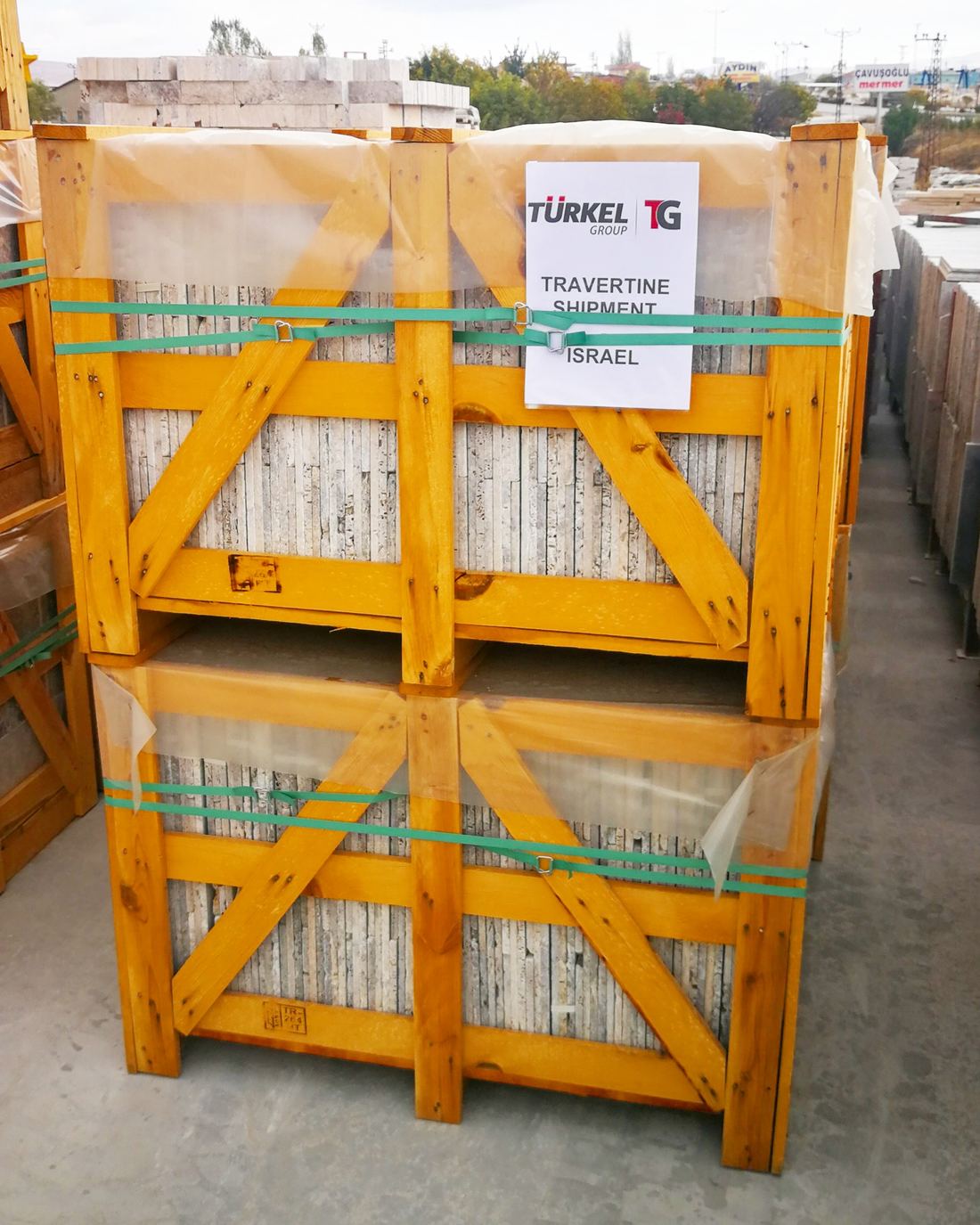 Crated travertine export shipment inspected before loading in Turkey